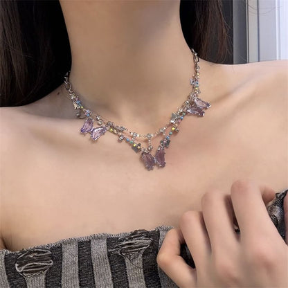 Faux Crystal Layered Fringed Necklace Butterfly