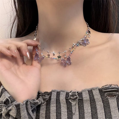 Faux Crystal Layered Fringed Necklace Butterfly