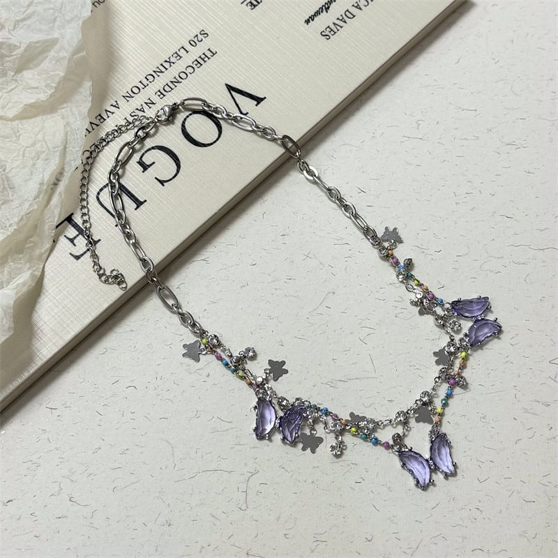 Faux Crystal Layered Fringed Necklace Butterfly
