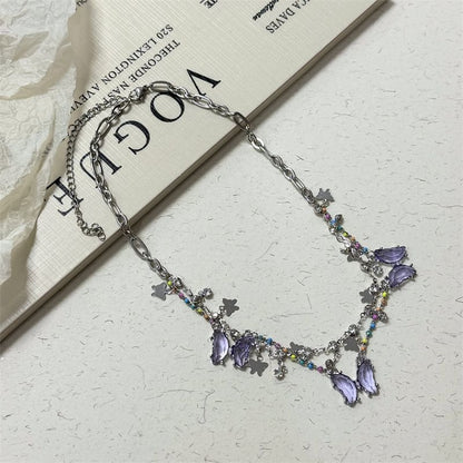 Faux Crystal Layered Fringed Necklace Butterfly