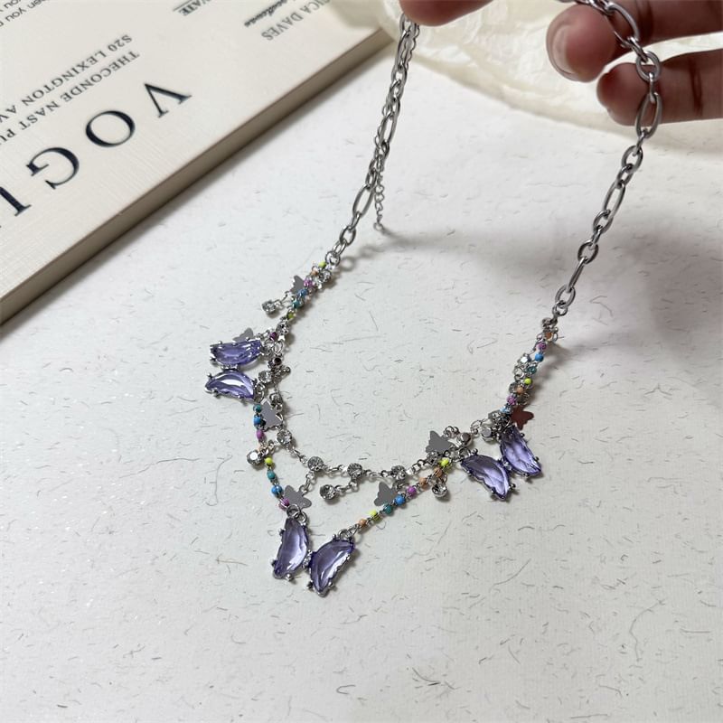 Faux Crystal Layered Fringed Necklace Butterfly