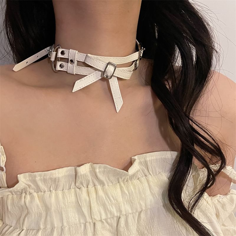 Leather Choker Bow Faux Layered