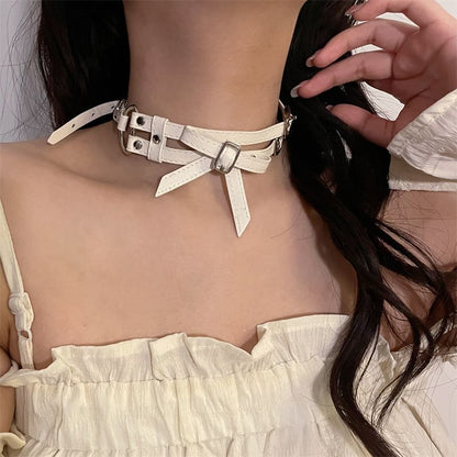 Leather Choker Bow Faux Layered