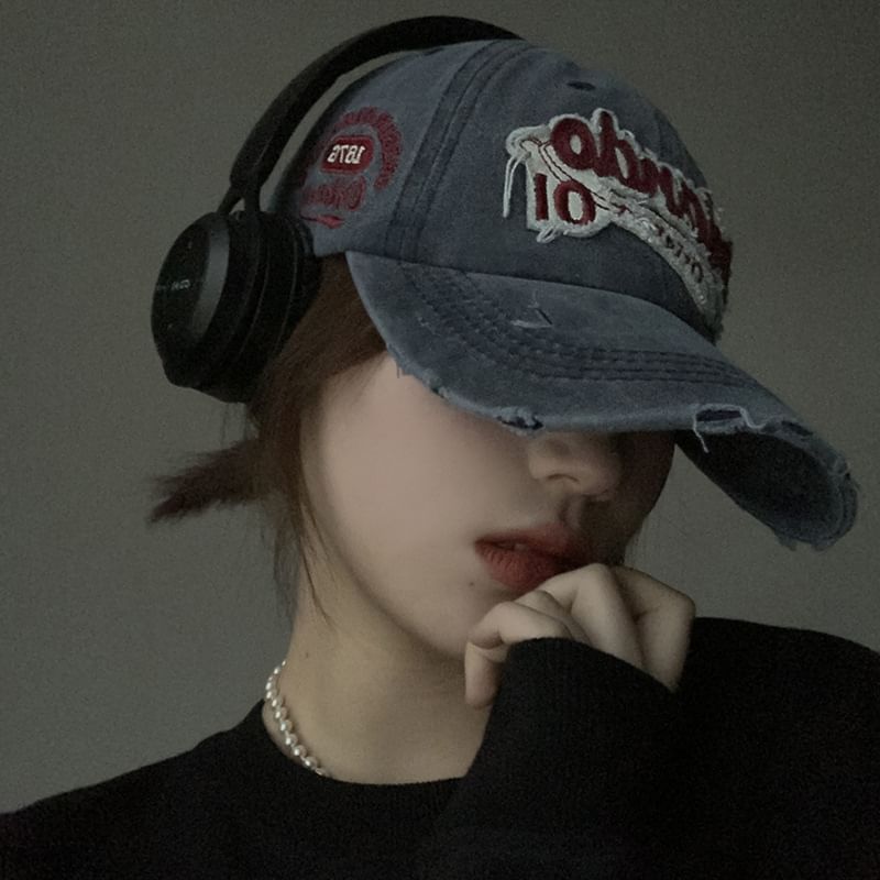 Lettering Cap Washed Distressed Applique Baseball