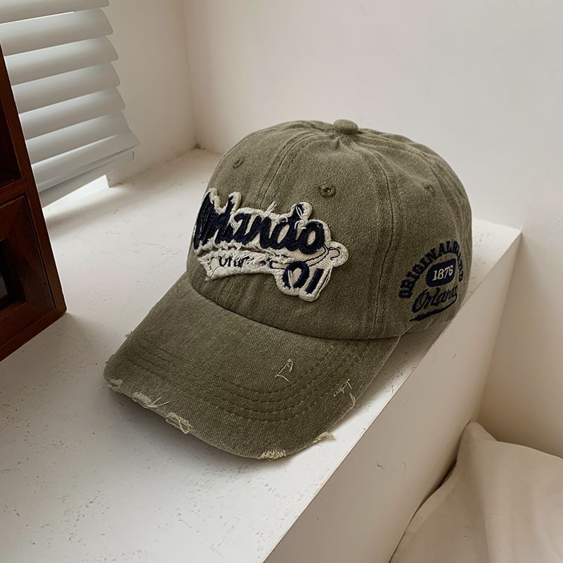 Lettering Cap Washed Distressed Applique Baseball
