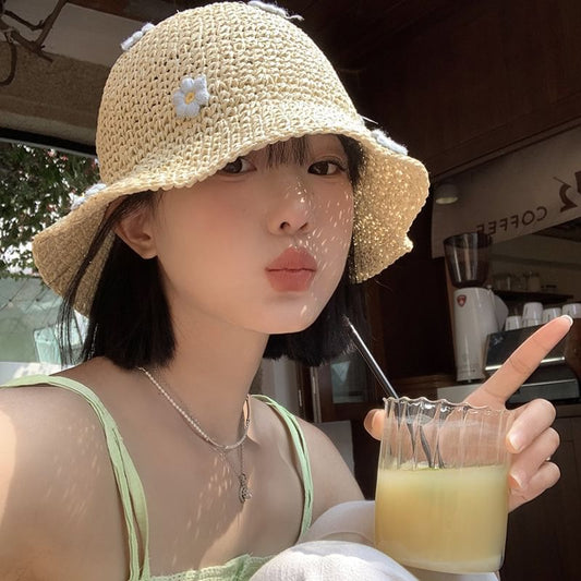 Straw Bucket Hat Flower