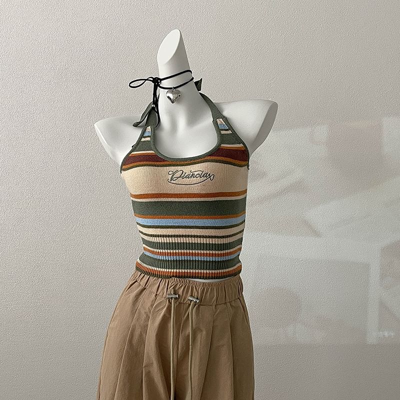 Halter Striped Letter Embroidered Top