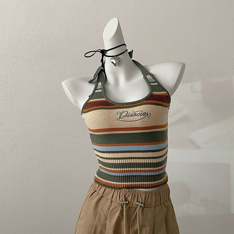 Halter Striped Letter Embroidered Top