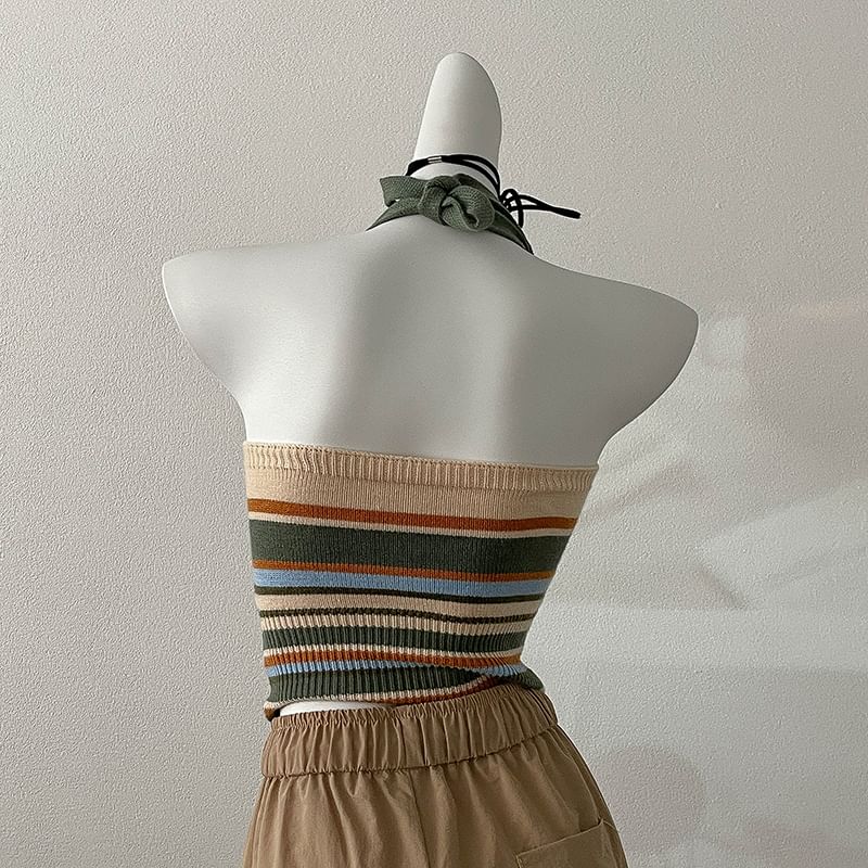 Halter Striped Letter Embroidered Top