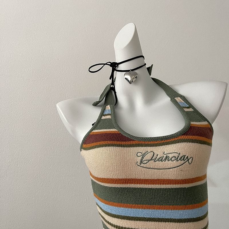 Halter Striped Letter Embroidered Top