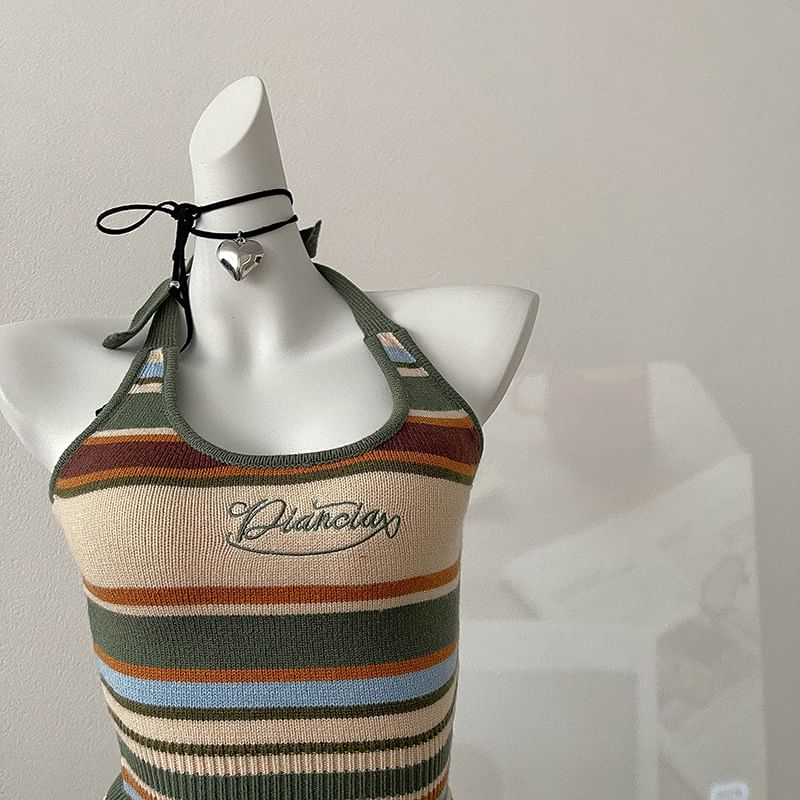 Halter Striped Letter Embroidered Top