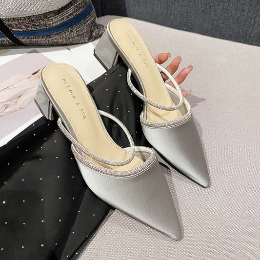 Slippers Pointed-Toe Rhinestone Chunky-Heel