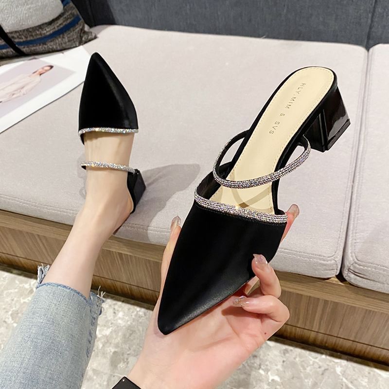 Slippers Pointed-Toe Rhinestone Chunky-Heel