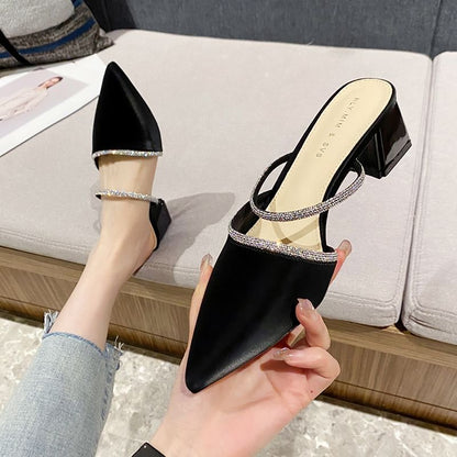 Slippers Pointed-Toe Rhinestone Chunky-Heel