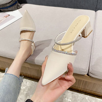Slippers Pointed-Toe Rhinestone Chunky-Heel