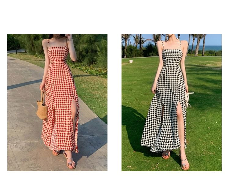 Spaghetti Strap Slit Maxi A-Line Houndstooth Dress