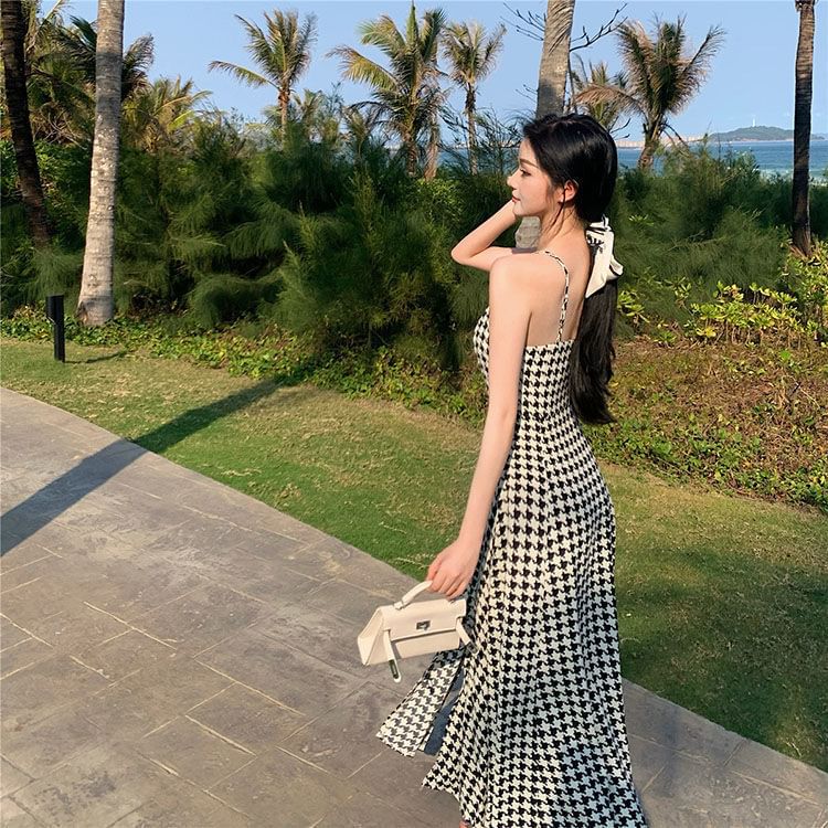 Spaghetti Strap Slit Maxi A-Line Houndstooth Dress