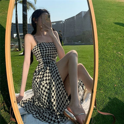 Spaghetti Strap Slit Maxi A-Line Houndstooth Dress