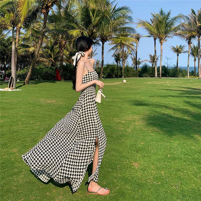 Spaghetti Strap Slit Maxi A-Line Houndstooth Dress
