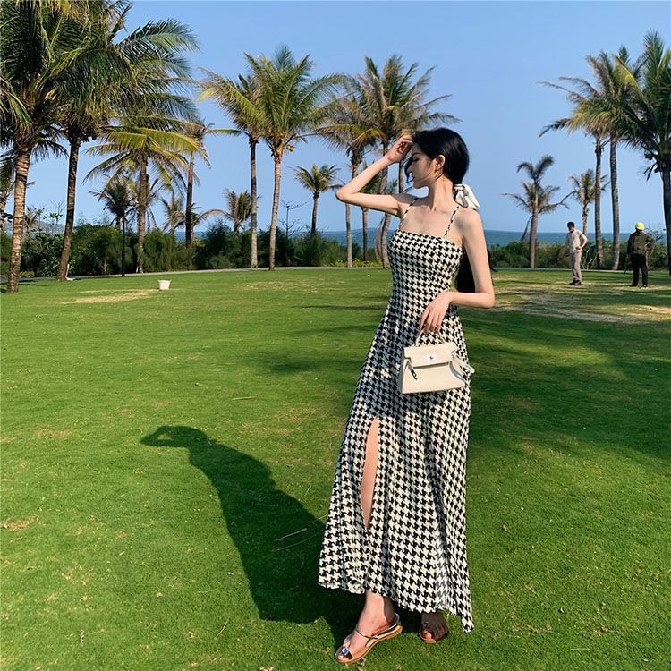 Spaghetti Strap Slit Maxi A-Line Houndstooth Dress