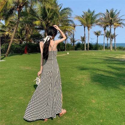 Spaghetti Strap Slit Maxi A-Line Houndstooth Dress