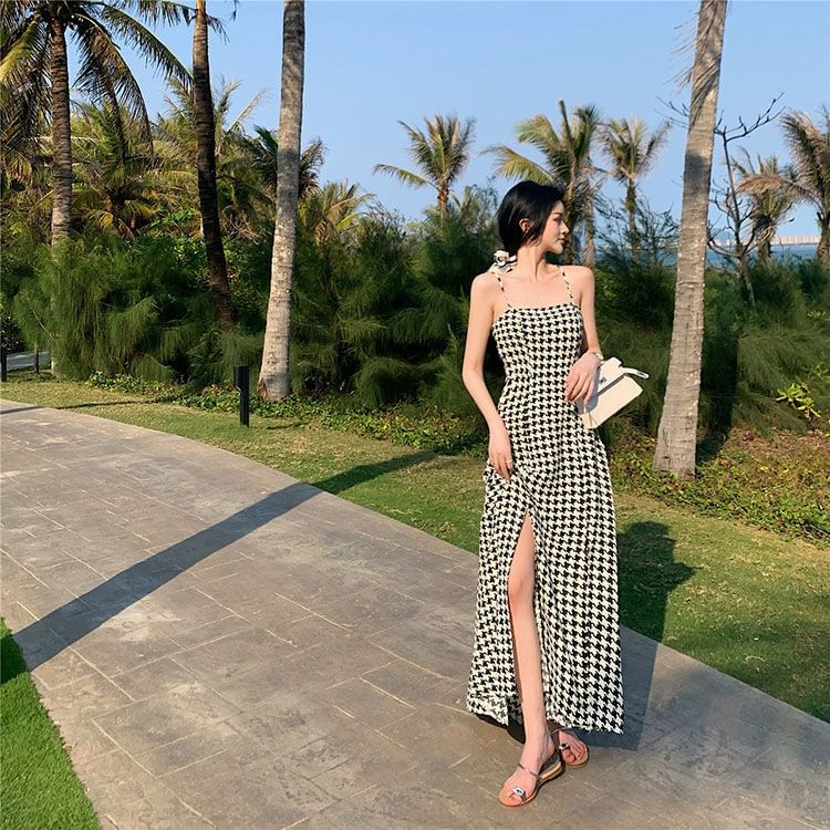Spaghetti Strap Slit Maxi A-Line Houndstooth Dress