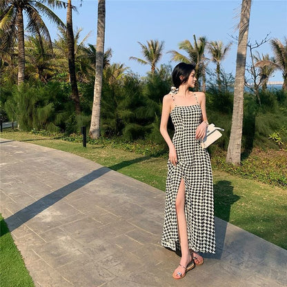 Spaghetti Strap Slit Maxi A-Line Houndstooth Dress