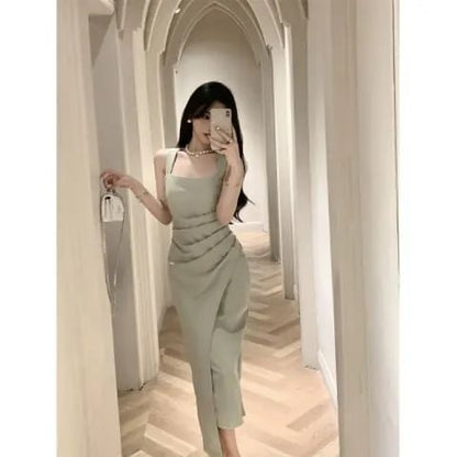 Sheath Midi Ruched Sleeveless Neck Plain Square Dress