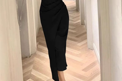 Sheath Midi Ruched Sleeveless Neck Plain Square Dress