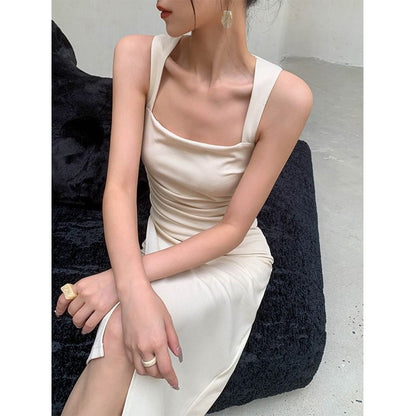 Sheath Midi Ruched Sleeveless Neck Plain Square Dress