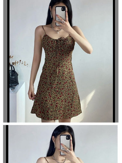Front Spaghetti Tie Print Mini Floral Dress A-Line Strap