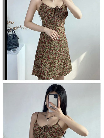 Front Spaghetti Tie Print Mini Floral Dress A-Line Strap