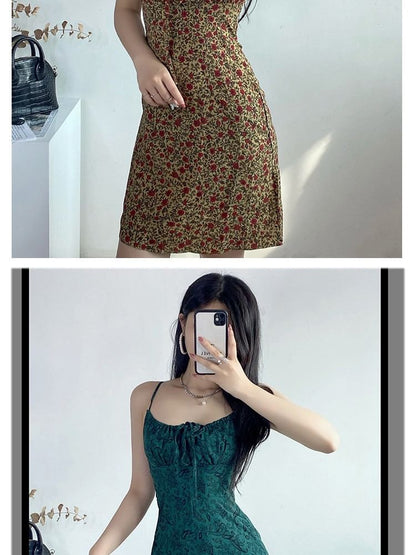 Front Spaghetti Tie Print Mini Floral Dress A-Line Strap