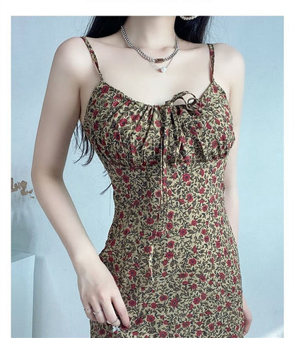 Front Spaghetti Tie Print Mini Floral Dress A-Line Strap