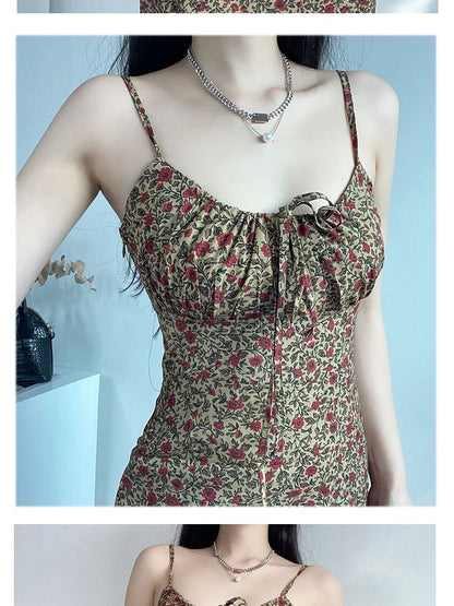 Front Spaghetti Tie Print Mini Floral Dress A-Line Strap