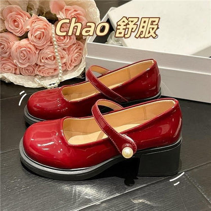 Heel Mary Pearl Jane Block Faux Shoes Patent