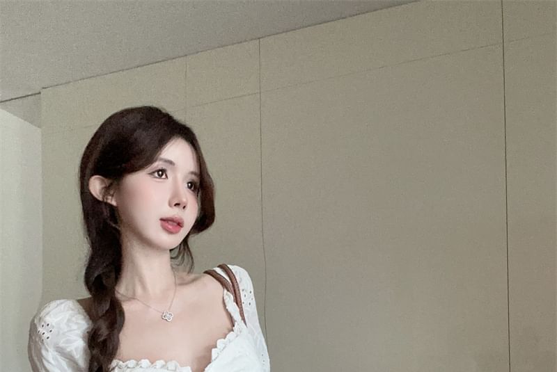 Front / Tie Short-Sleeve Square Eyelet Embroidered Neck Blouse