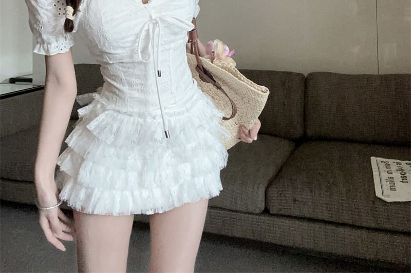 Front / Tie Short-Sleeve Square Eyelet Embroidered Neck Blouse