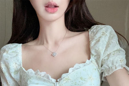 Front / Tie Short-Sleeve Square Eyelet Embroidered Neck Blouse