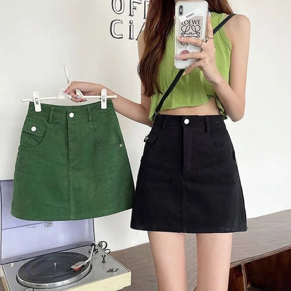 High A-Line Plain Skirt Mini Denim Waist