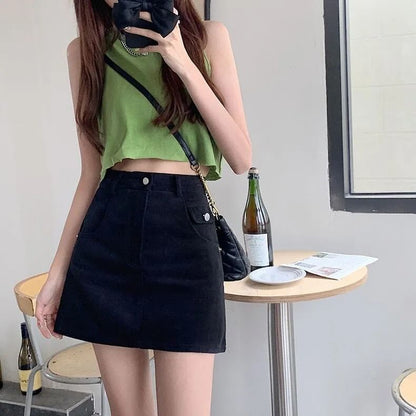 High A-Line Plain Skirt Mini Denim Waist