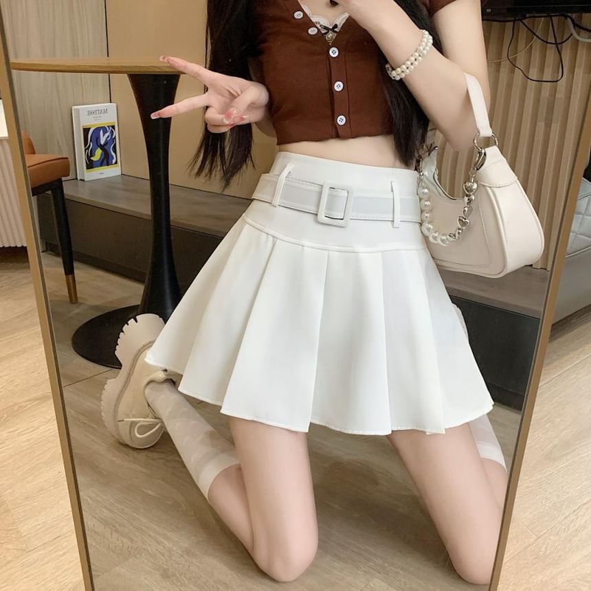 Skirt A-line Pleated Mini Undershorts Belt Plain Waist High / Set