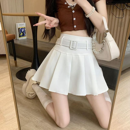 Skirt A-line Pleated Mini Undershorts Belt Plain Waist High / Set