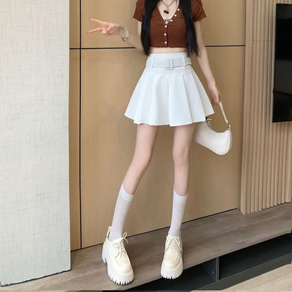 Skirt A-line Pleated Mini Undershorts Belt Plain Waist High / Set