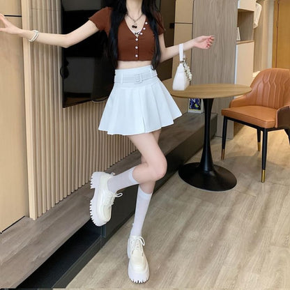 Skirt A-line Pleated Mini Undershorts Belt Plain Waist High / Set