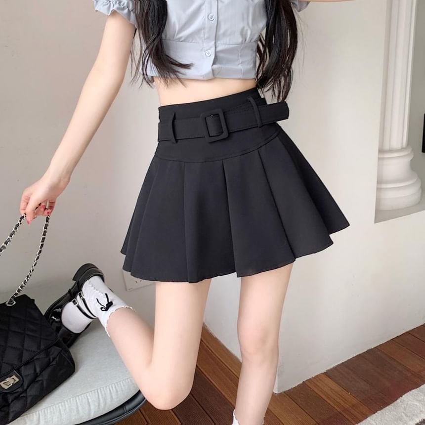 Skirt A-line Pleated Mini Undershorts Belt Plain Waist High / Set