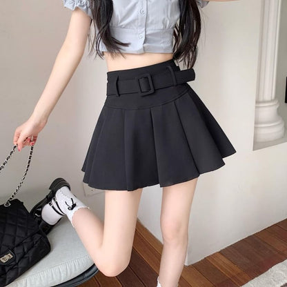 Skirt A-line Pleated Mini Undershorts Belt Plain Waist High / Set