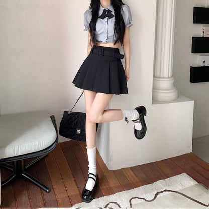 Skirt A-line Pleated Mini Undershorts Belt Plain Waist High / Set