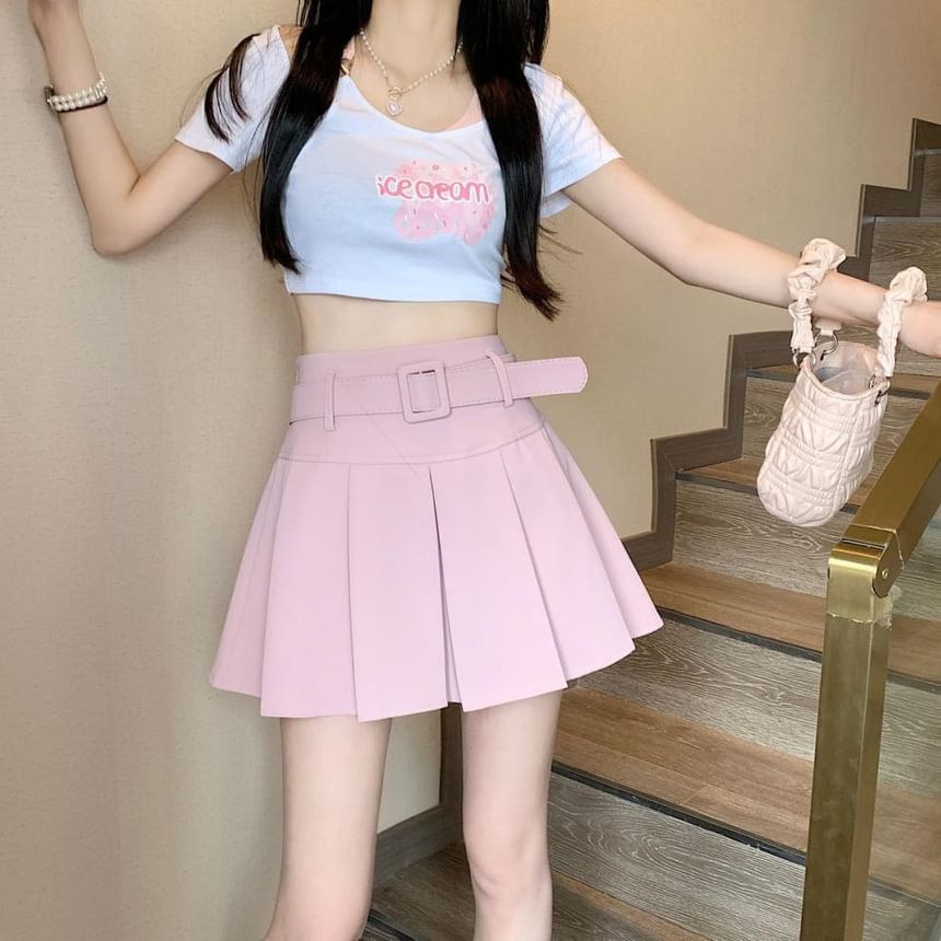 Skirt A-line Pleated Mini Undershorts Belt Plain Waist High / Set