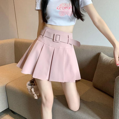 Skirt A-line Pleated Mini Undershorts Belt Plain Waist High / Set